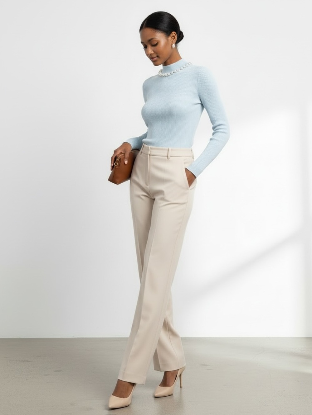 1654 • Blue Viscose Blend Ribbed Long Sleeve Mock Neck w/Pearl Strand Detail - Picture 9 of 10